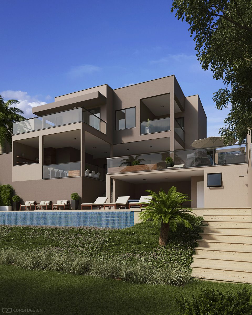 Imagem 3d fachada fundos de residência com piscina, área gourmet e lazer