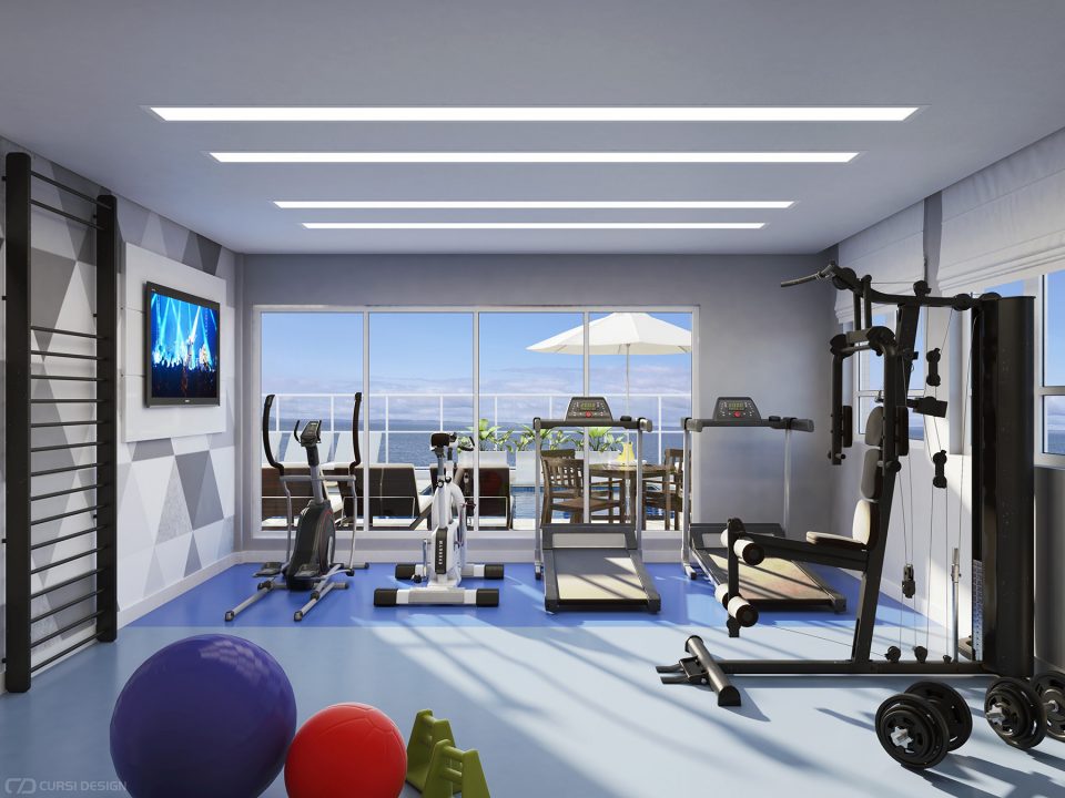 Imagem 3d cena interna de academia fitness cobertura lazer para edifício residencial